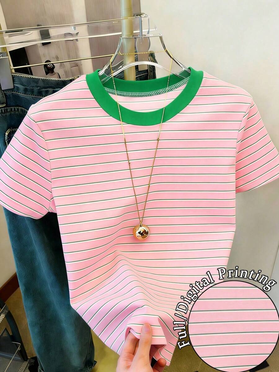 Resyla Women's Short Sleeve T-Shirt With Round Neck And Striped Print, Suitable For Summer Holidays And Everyday Wear - 多色 11 - 查看 1