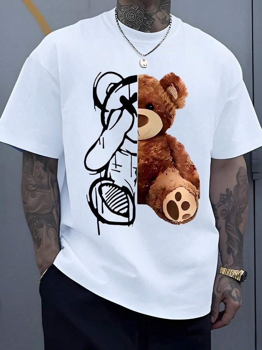 One Half Shows A Soft Teddy Bear Symbolizing Innocence And Affection, While The Other Half Features A Modern Line Drawing Of A Character Representing Inner Strength. - White - View 1