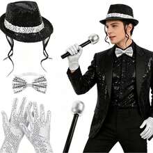 1/2/3/4/5/6/7/8pcs Adult Disco Dance Club Costume And Accessories Set, Popular Star Theme Party Outfit, Includes Glitter Hooded Hat, Silver Gloves, Bow Tie, 80s Popular Star Party Costume, Disco Party Accessories, Halloween Costume - Multicolor - View 1