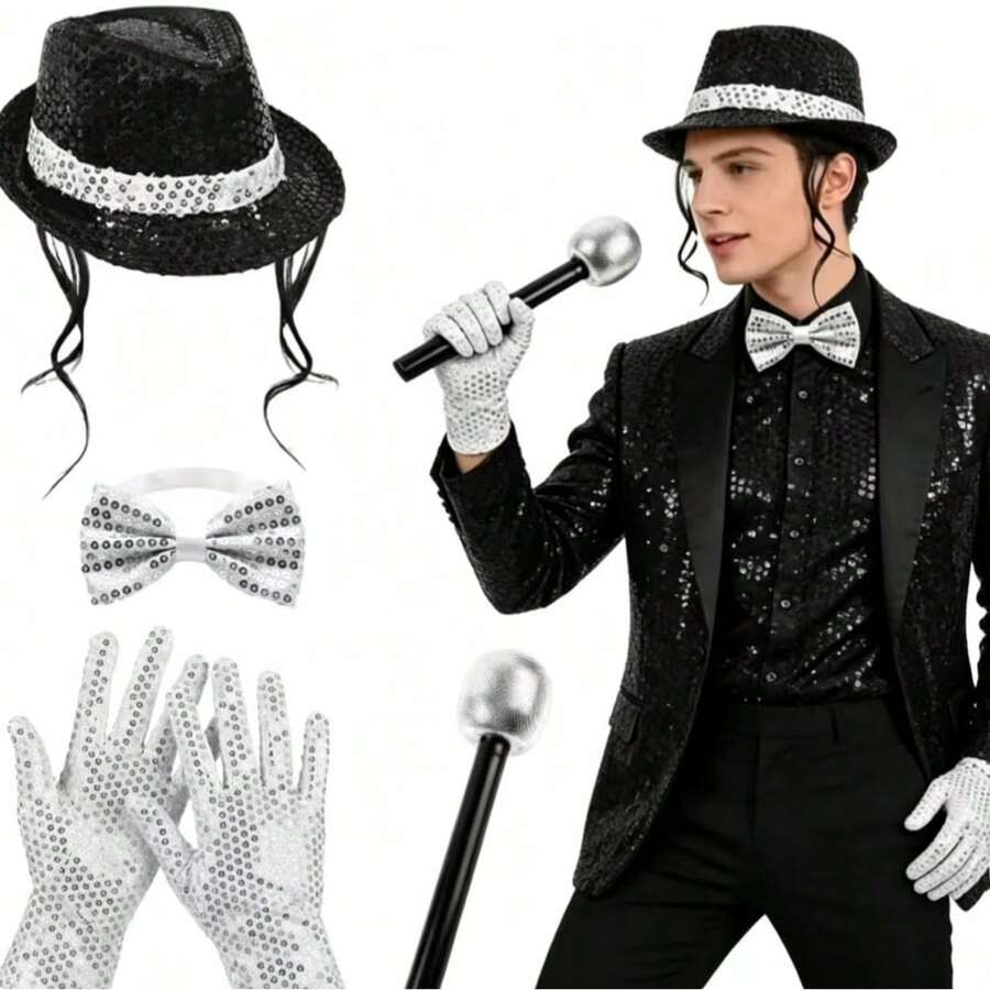 1/2/3/4/5/6/7/8pcs Adult Disco Dance Club Costume And Accessories Set, Popular Star Theme Party Outfit, Includes Glitter Hooded Hat, Silver Gloves, Bow Tie, 80s Popular Star Party Costume, Disco Party Accessories, Halloween Costume - Multicolor - View 1