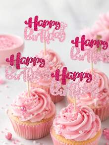 12pcs Birthday Cake Decorations, Double Layer Glitter Birthday Cake Toppers Suitable For Baby Shower, Boy Girl Birthday Party, Pink Glitter Birthday Supplies, Birthday Party Dessert Decoration, Outdoor Lawn Birthday Party - Multicolor - View 2