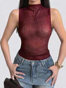 Sedessea Women's Sexy Party Solid Color Rhinestone Mesh Sheer Fitted Camisole, Summer Casual - Burgundy - View 1