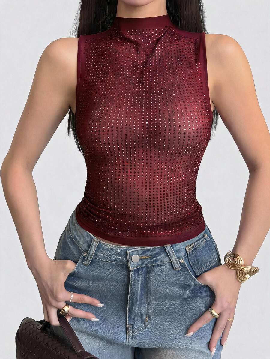 Sedessea Women's Sexy Party Solid Color Rhinestone Mesh Sheer Fitted Camisole, Summer Casual - Burgundy - View 1