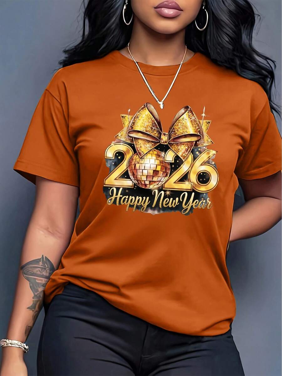 Two Short-Sleeved, Crew-Neck Tops With The Phrase "Happy New Year," Machine-Washable, Perfect For Parties And Holiday Celebrations. Ideal As A Gift For Family Gatherings In 2026. FCV0 - merah bata - View 1