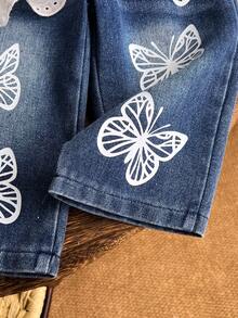 Baby Girl Spring/Autumn Casual Fashion 2-Piece Set, Denim Big Bow White Ribbed Lace Ruffle Long Sleeve Top + Butterfly Print Gradient Denim Long Pants - White - View 8