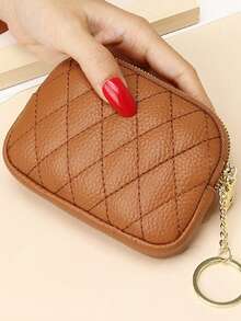 Caramel Diamond-Quilted Pebbled Coin Purse With Key Ring, Holds Coins, Cards, Car Key & Lipstick, Retro Style, Portable For Commute. - Multicolor - View 10