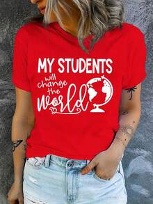 Soft Cotton Summer T-Shirt Women's T-Shirt With Teacher's Day Themed Print And The Slogan "Change The World" | New Spring/Summer Casual T-Shirt With Round Neck And Sleeves - 紅色 - 查看 1