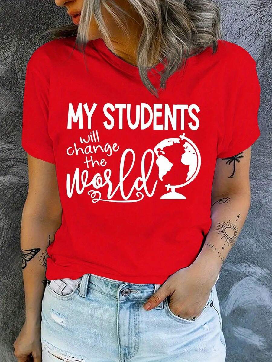 Soft Cotton Summer T-Shirt Women's T-Shirt With Teacher's Day Themed Print And The Slogan "Change The World" | New Spring/Summer Casual T-Shirt With Round Neck And Sleeves - 紅色 - 查看 1