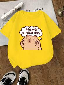 [Guan Yi Shu Selection]Capybara And Pufferfish Print T-Shirt|Short Sleeve Sports T-Shirt For Boys And Girls Ages 4-13 | Casual Printed T-Shirt For Kids - 黃色 - 查看 1