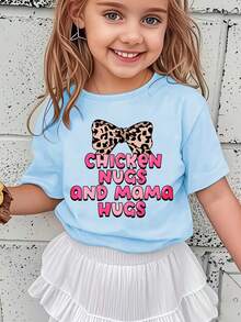 Camiseta de niña con la inscripción "chicken nugs and mama hugs" y lazo con estampado de leopardo, moderna, casual y versátil. - Negro - Ver 7