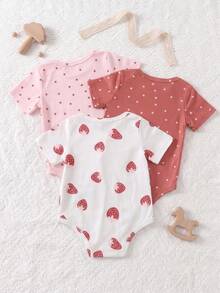 3pcs/Set Girls' Cute Strawberry Print Romper, Soft Knit Fabric, Button Design, Casual Vacation Style Girls' Clothing, Suitable For Outdoor Play, Party, Daily Casual Wear - Multicolor - View 2