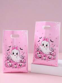 Halloween Pink Ghost Pumpkin Handheld Treat Bags, Cute Bow Goodie Gift Bags, Plastic Candy Sacks For Trick Or Treat Halloween Party Favor Supplies - Ghost Foundation - View 4