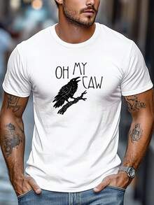 2026 Women's Blouses, Men's Plus Size T-Shirt, Relaxed Casual, Simple And Elegant, Men's OH MY CAW Crow Print Crew Neck Short Sleeve T-Shirt - 白色 - 查看 1