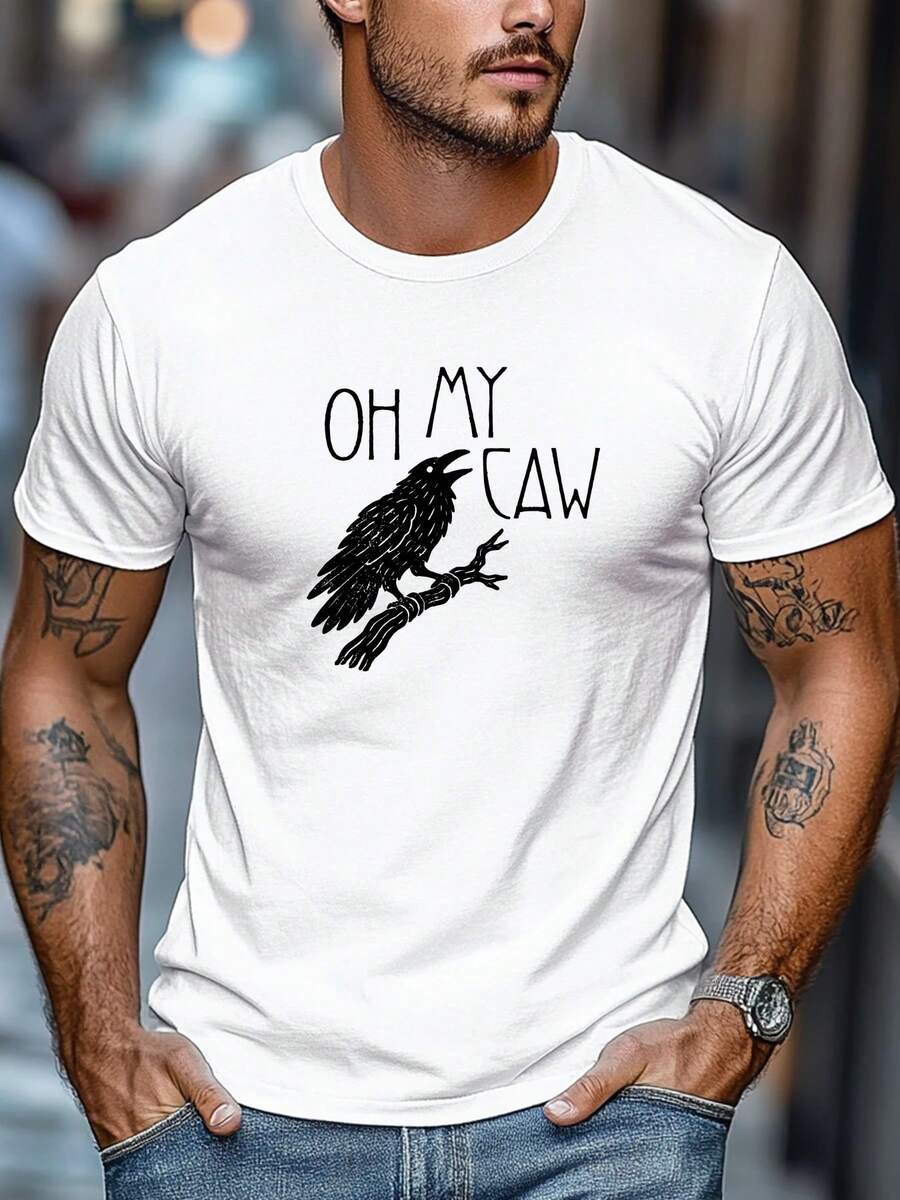 2026 Women's Blouses, Men's Plus Size T-Shirt, Relaxed Casual, Simple And Elegant, Men's OH MY CAW Crow Print Crew Neck Short Sleeve T-Shirt - 白色 - 查看 1