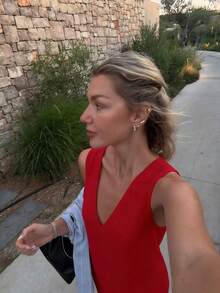 Vuslat 女款夏季短款 V 領無袖純色仿亞麻優雅梭織面料短洋裝，適合海灘度假、派對、婚禮賓客、假日、生日派對 - 紅色 - 查看 8