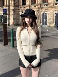 秋冬新款韓式甜美休閒女款針織開襟衫，學院風對比飾邊前拉鍊設計，麻花編織修身顯瘦長袖上衣，百搭日常外套 - 杏色 - 查看 7