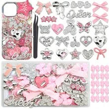 Junk Case Charms Pink Kawaii Bow Phone Cases Kit Silver Butterfly Charm For Junk 3D Heart Star Flower Phones Case Charms For Crafts Flatback Pearls Rhinestone DIY Accessories - Pink - View 1
