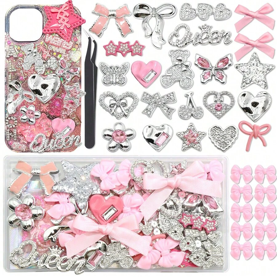 Junk Case Charms Pink Kawaii Bow Phone Cases Kit Silver Butterfly Charm For Junk 3D Heart Star Flower Phones Case Charms For Crafts Flatback Pearls Rhinestone DIY Accessories - Pink - View 1
