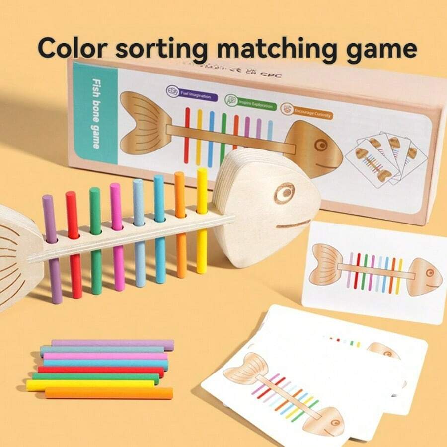 Montessori Fish Bone Early Education Kindergarten Educational Toy Color Recognition Matching Fine Motor Skills Training Teaching Aid Children Concentration Early Learning Toy