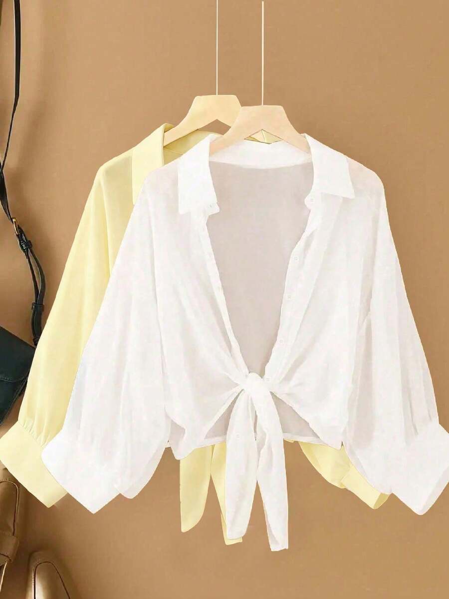 New Women's Casual Solid Color Chiffon Blouse With Short Batwing Sleeves - 彩色 - 查看 1