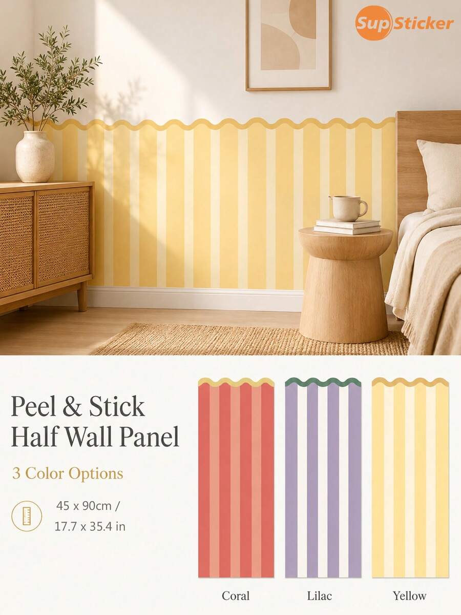 SUPSTICKER 1pc Wavy Edge Striped Half Wall Sticker, Removable & Rental Friendly, 17.7x35.4 Inches, Suitable For Living Room, Bedroom, Entryway - Multicolor - View 1