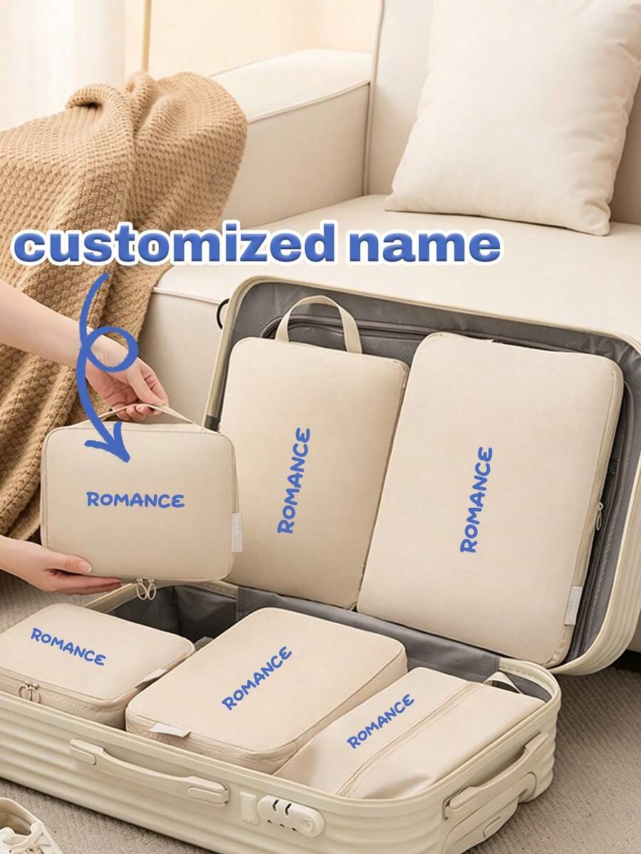 6pcs Customizable Name Or Text Travel Storage Bags, Large Capacity Portable Luggage Bags, Suitable For Clothes, Shoes, Cosmetics, Washable And Easy To Clean, Perfect For Family Travel - Multicolor - View 1