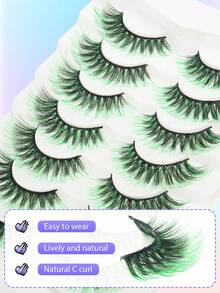 7 Pairs Green Cotton Thread Black Stem Dense Fish Tail Style False Eyelashes, Suitable For Festivals, Parties, Gatherings And Other Holiday Occasions, 20mm - 彩色 - 查看 7