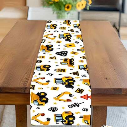 Camino de mesa para fiesta de cumpleaños infantil con camión de construcción, estampado de excavadora amarilla y bulldozer, decoración temática de construcción para niños, baby shower, mesa de fiesta en casa de vacaciones