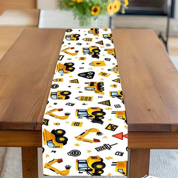 Camino de mesa para fiesta de cumpleaños infantil con camión de construcción, estampado de excavadora amarilla y bulldozer, decoración temática de construcción para niños, baby shower, mesa de fiesta en casa de vacaciones