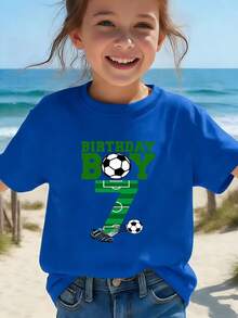 Boy's Number 7 Birthday Party T-Shirt, Featuring A "Birthday Boy" Print In Green Lettering, A Casual Short-Sleeved Sporty Style With Stadium Numbers And A Soccer Ball Design. - Biru - View 3