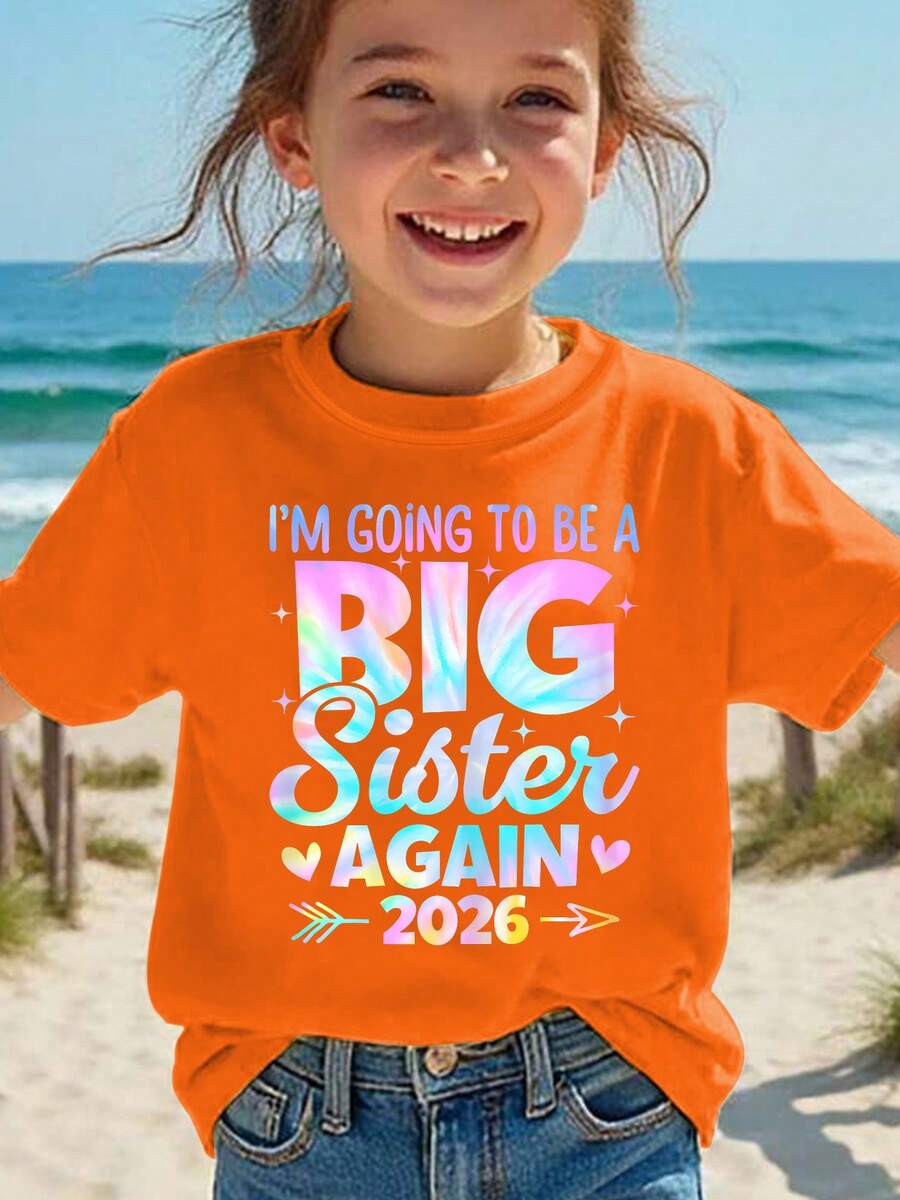 Girls' Short-Sleeved T-Shirt, Summer Fashion, With Laser-Engraved Letter Print "I Want To Be The Big Sister Again 2026", Versatile Casual Top NY-DX8994 - 灰色 - 查看 1
