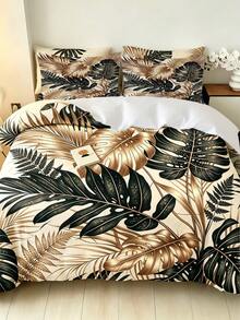3pcs Black Gold Tropical Palm Leaf Pattern Duvet Cover Set (1*Duvet Cover + 2*Pillowcase, Without Core), Modern Minimalist Aesthetic, Luxury Vintage Monstera Fern Jungle Botanical Bedding Sleek Contemporary Bedding, Room Decor For Bedroom, Apartment - Multicolor - View 6