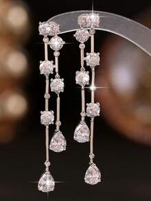 1pair Luxury Round & Water Drop Cut Cubic Zirconia Double Long Tassel Dangle Earrings For Women Wedding Engagement Anniversary Party Jewelry Gift - White - View 1