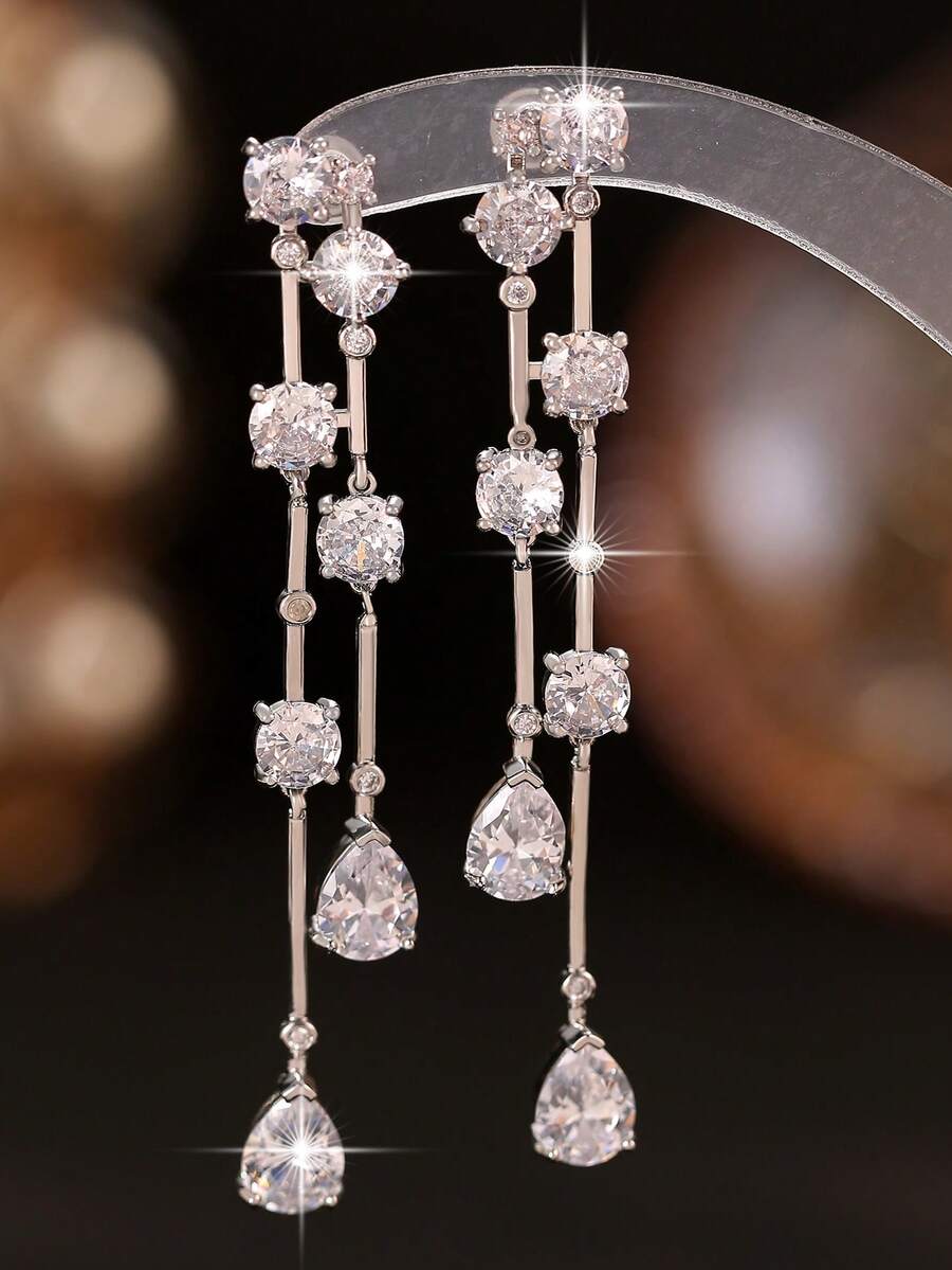 1pair Luxury Round & Water Drop Cut Cubic Zirconia Double Long Tassel Dangle Earrings For Women Wedding Engagement Anniversary Party Jewelry Gift - White - View 1