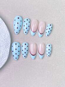 10 pièces d'ongles à coller faits main, ongles, faux ongles, ongles courts, acrylique à coller, ongles d'été, ongles roses, ongles bleus avec pois marron foncé peints à la main, parfaits pour le port quotidien, les sorties à la plage et les occasions de rendez-vous décontractés. - Bleu ciel - Voir 5
