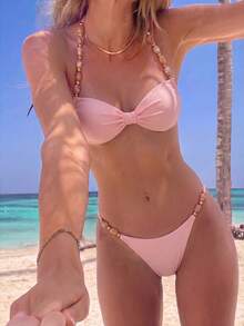 Bikinx Women's Halter Neck Back Tie Bikini Set, Bohemian Style Color-Block Beaded Shoulder Straps, Suitable For Beach Vacation Pink Summer - Pink - View 12