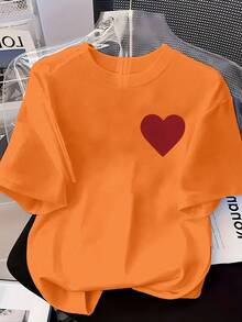Short-Sleeved T-Shirt With Round Neck And Red Heart Print 9TDB - Mocha Brown - View 6