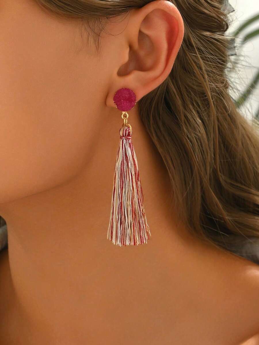 1 Pair Asymmetrical Fashion Faux Stone Long Tassel Earrings - Red - View 1