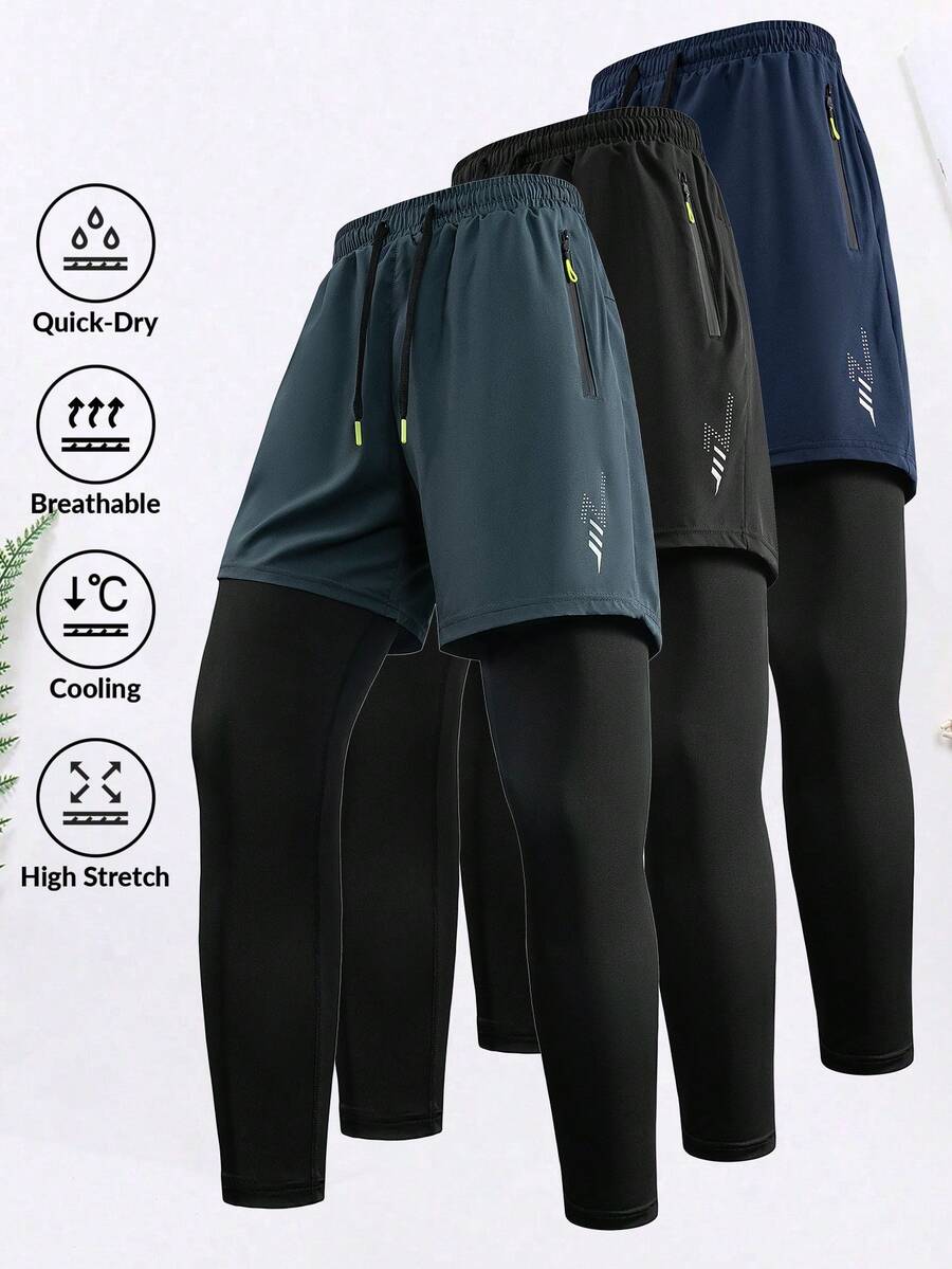 Men's Sports Compression Pants, Summer 2-In-1 2 In 1 Lining Running Workout Casual Sports Trousers - Dark Grey - View 1