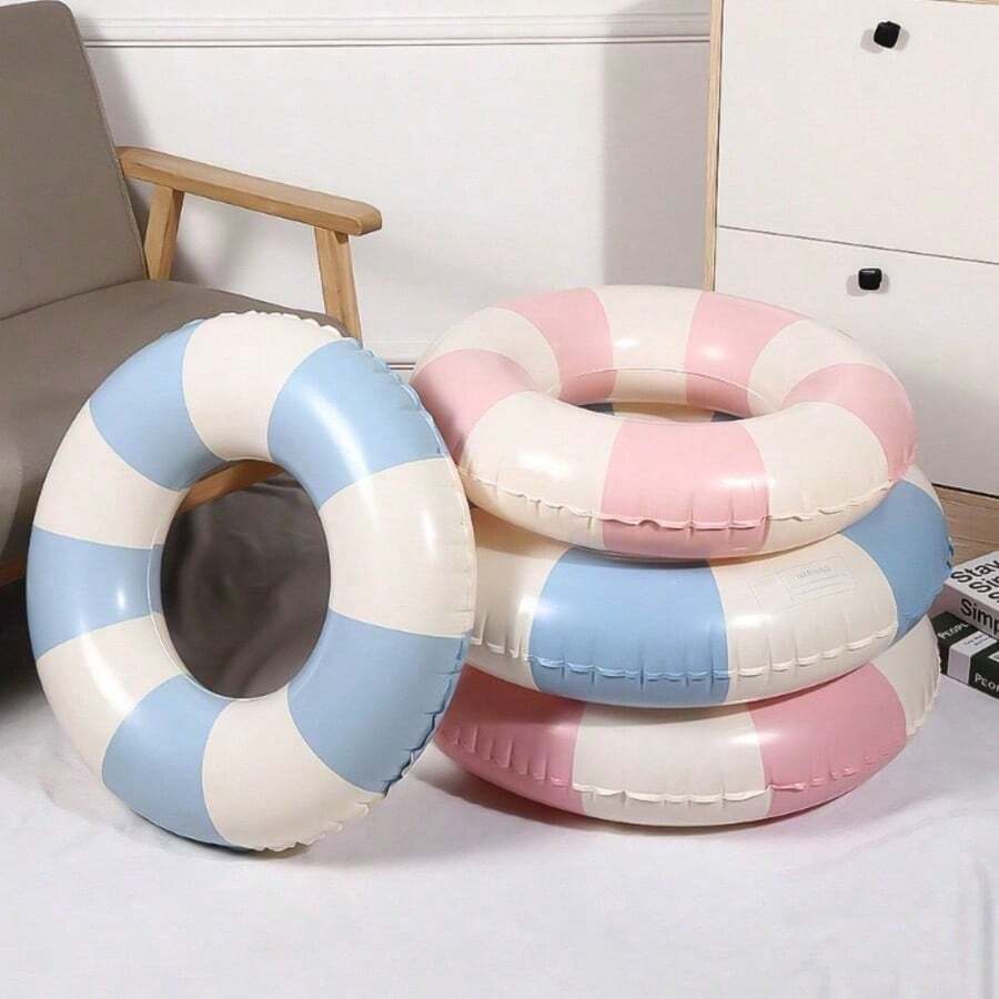 Vintage Pastoral Pink Plaid Round Reinforced Air Valve Leak-Proof Swim Ring, Suitable For Beach, Pool Party, Summer Vacation And Spring/Summer Water Activities - Multicolor - View 1