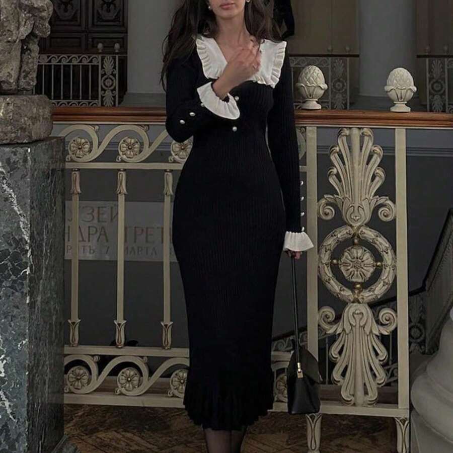 Long Knitted Dress Autumn Winter New Design Retro Style Elegant Feminine With Ruffles Fashion For Women - 黑色 - 查看 1