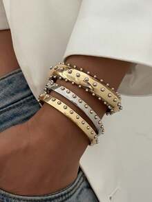 Set de 3 piezas Brazalete vintage minimalista de estilo punk con remaches metálicos, adecuado para mujeres, brazalete de puño de belleza eterna, juego de joyas, uso diario - Multicolor - Ver 1