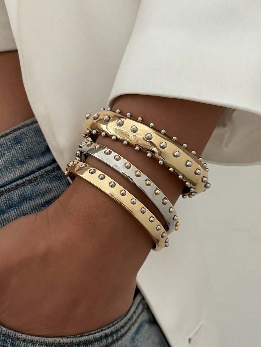 Set de 3 piezas Brazalete vintage minimalista de estilo punk con remaches metálicos, adecuado para mujeres, brazalete de puño de belleza eterna, juego de joyas, uso diario - Multicolor - Ver 1
