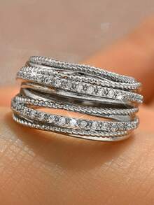 1pc Elegant Square Gold Diamond Ring, Multi-Layer Design, Suitable For Women And Girls, Ideal Choice For Birthday And Bridal Jewelry Gift. - Silver - View 2