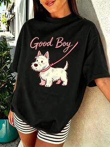 Y2K Women's Casual Summer T-Shirt, Retro Casual T-Shirt With Cartoon Of A Good Boy And A West Highland White Terrier For Pet Owner - 黑色 - 查看 1