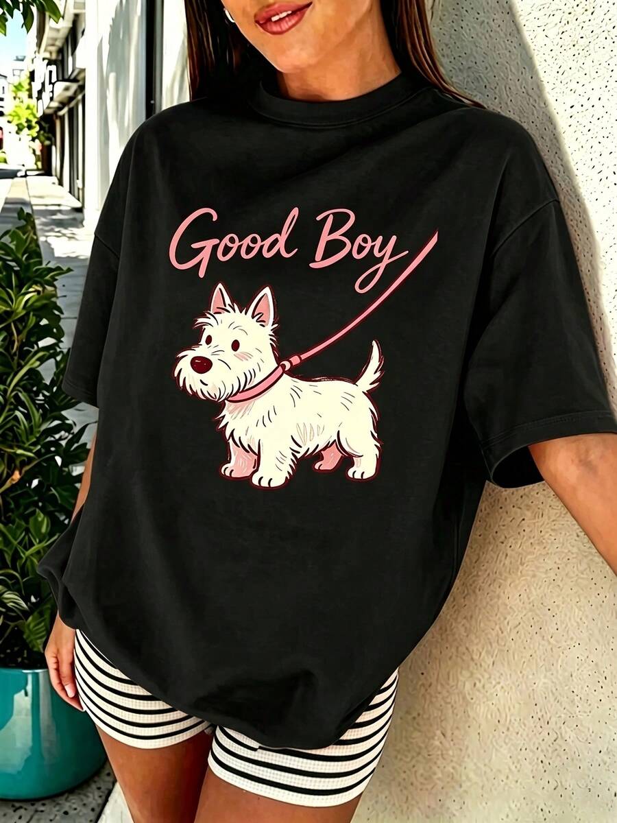 Y2K Women's Casual Summer T-Shirt, Retro Casual T-Shirt With Cartoon Of A Good Boy And A West Highland White Terrier For Pet Owner - 黑色 - 查看 1