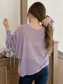 European Style Batwing Sleeve Sweater For Spring/Summer, Loose Top With V-Neck And Lantern Sleeves. - Light Purple - View 5