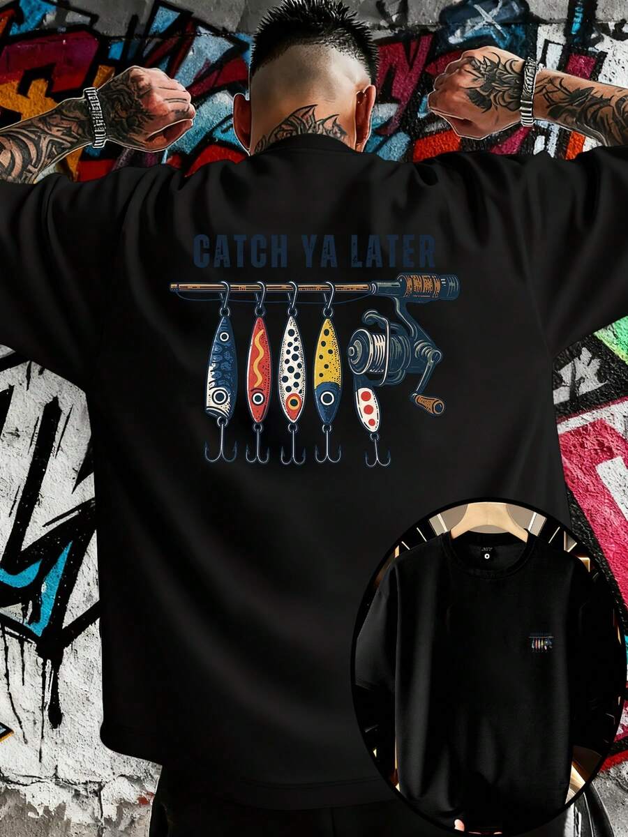 Camiseta de manga corta para hombre con estampado "Fishing Lure CATCH YA LATER", holgada, deportiva y casual, estilo moderno y básico, versátil con cuello redondo, transpirable y cómoda. - Negro - Ver 1