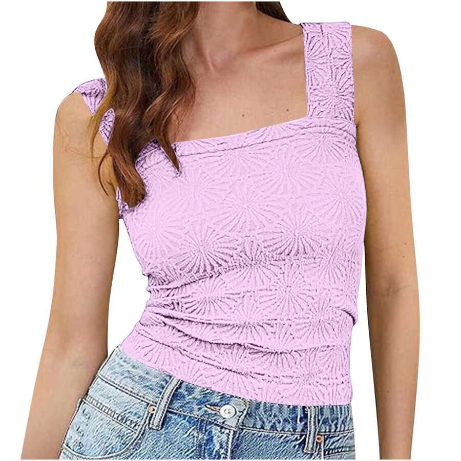 Women's Sleeveless Square Neck Jacquard Elastic Top Summer 2026 European-American - 淺紫色 - 查看 1