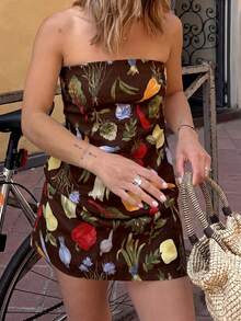Just Masa Women's Summer Casual Vacation Bandeau Dress, Vegetable Print Fashionable Cute Mini Bodycon Dress Elegant Brown - Brown - View 10